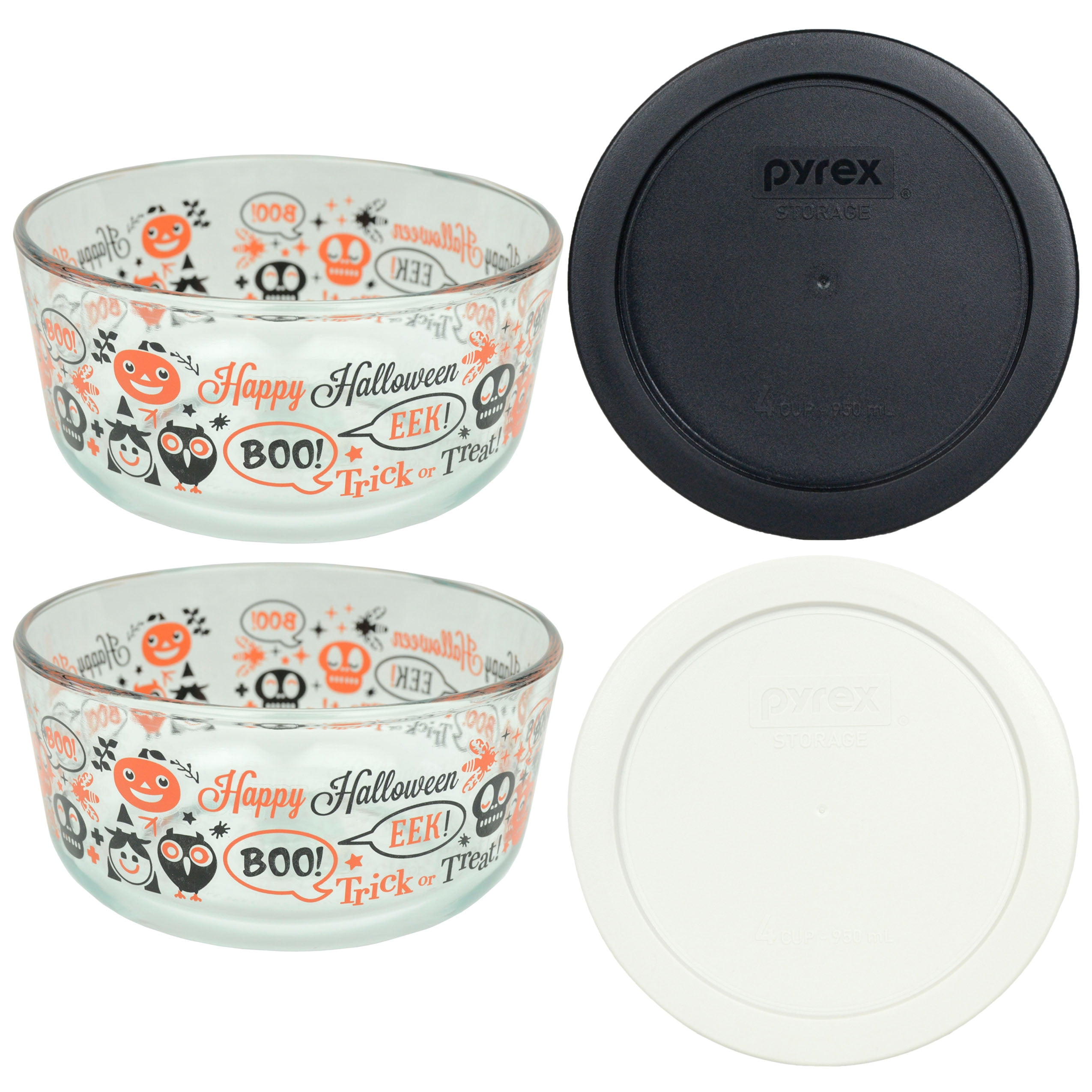 Pyrex 7201 4-Cup Fright Night Glass Bowl w/ 7201-PC Black Round Lid Cover 