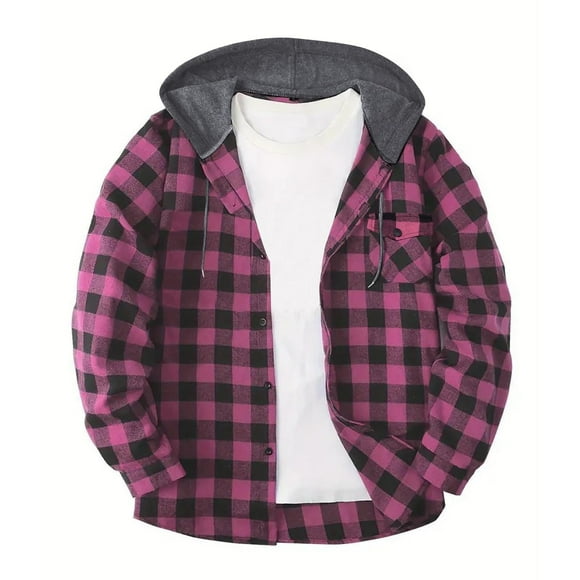 aohooy Flannel Hoodie Mens Fall Jackets Plaid Printed Long Sleeve Button Down Shacket Lightweight Casual Shirts Coat Outerwear Hot Pink,M