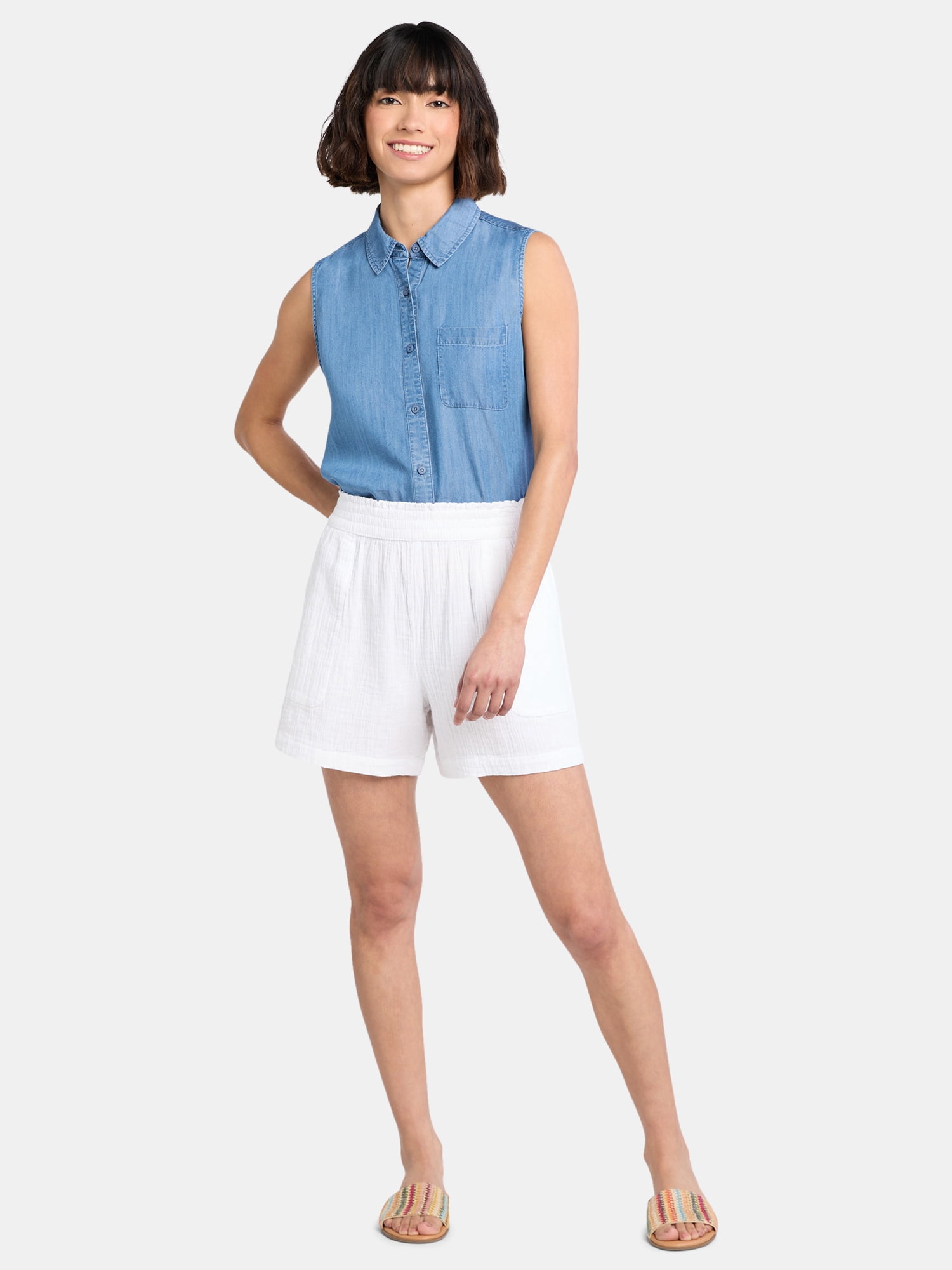 Time and Tru Women's Sleeveless Button Down Shirt, Sizes XS-XXXL
