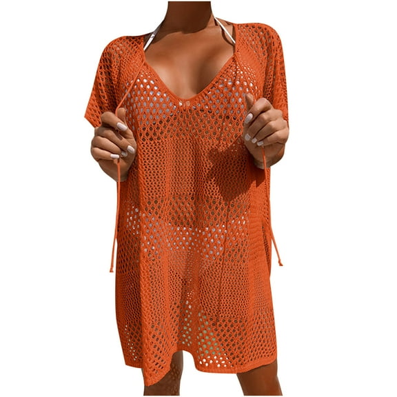 EQWLJWE Womens Bathing Suit Cover Up, Short Sleeve Loose Fit Hollow Out Beach Mini Dress Gift Orange One Size
