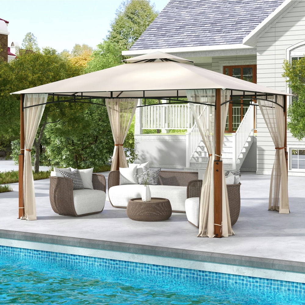 Spaco Outdoor Gazebo,Patios Gazebos,12 x 10 Feet Outdoor Patio Gazebo with Netting and 2-Tier Canopy Roof-Beige