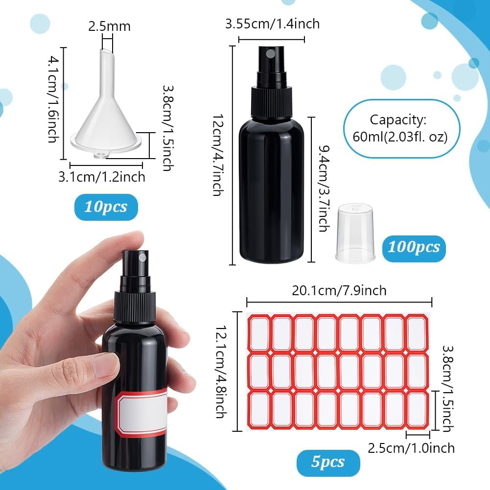 100pcs Small Spray Bottles 2oz/60ml Plastic Empty Spray Bottle Transparent Refillable Travel Bottle with 10pcs Small Funnel and 120pcs Bottles Labels