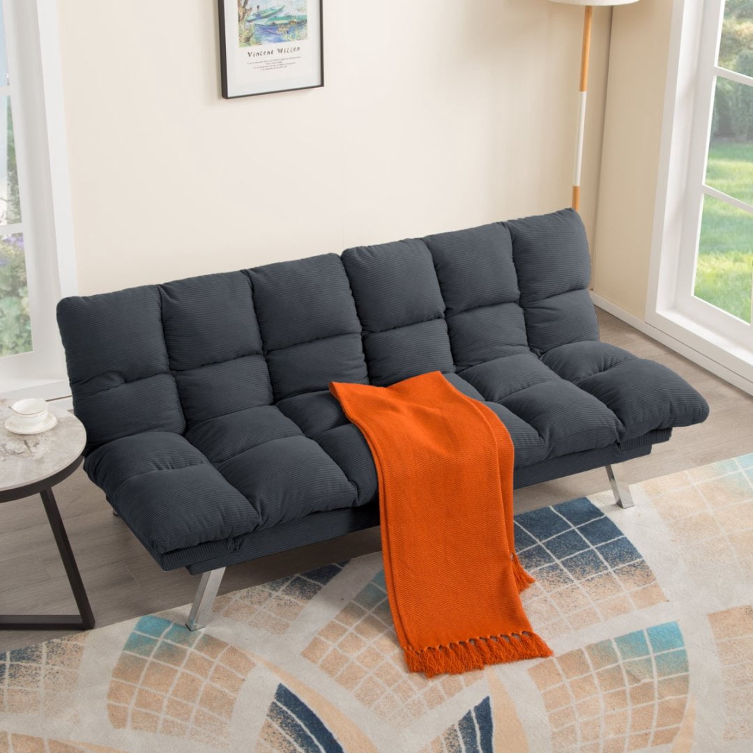 BSHTI 67.3” Futon Sofa Bed, Convertible to Twin Sleeper, Featuring a Split Back, 3-Position Adjustable Backrest, Corduroy Upholstery for Living Room, Office, Storm Gray