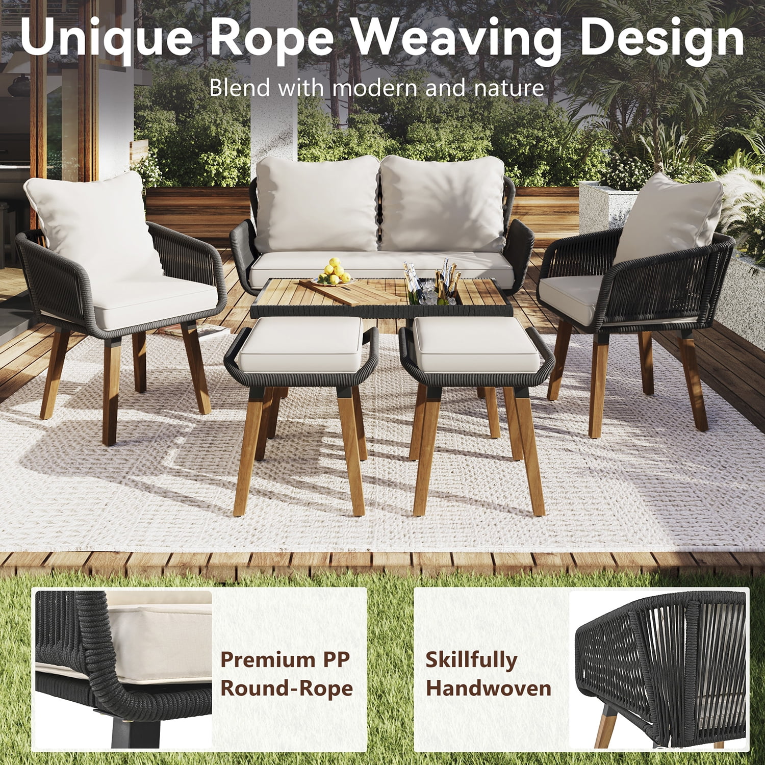 Aimee Lii Outdoor Patio Acacia Wood & Rope 6-Piece Furniture Set with Ice Bucket, Patio Conversation Set with Ottomans, Beige