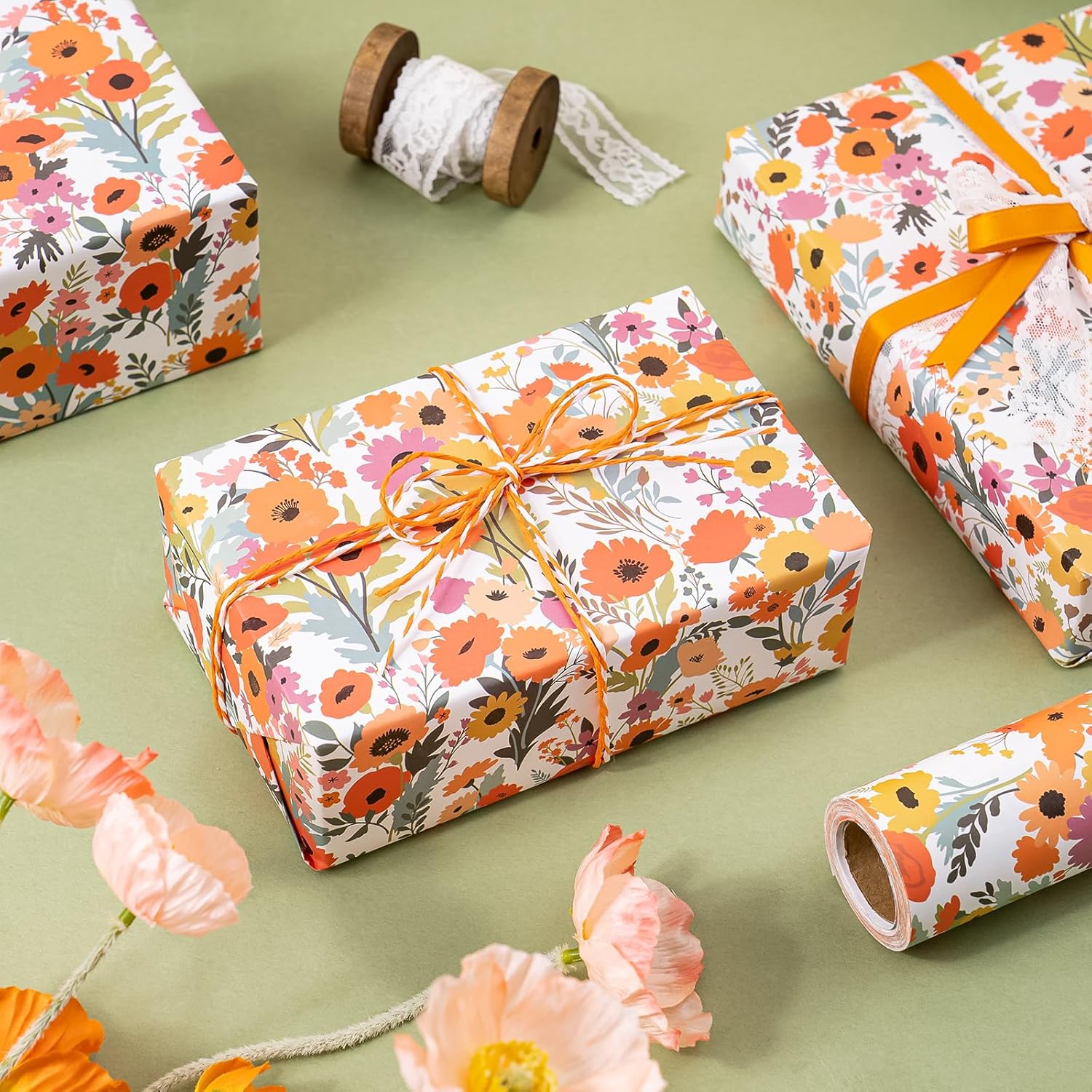 AllWays Plaza Kraft Floral Wrapping Paper Roll - Mini Roll - 17 Inch x 33 Feet - Bright Summer Flower Wrapping Paper, Perfect for Wedding, Birthday, Bridal Shower, Tea Party
