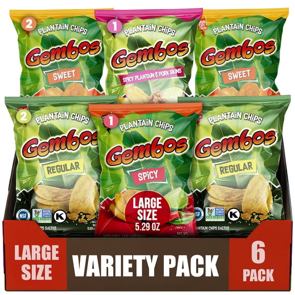 Gembos Variety Pack: Spicy, Sweet Maduritos, Pork Skins, 4 oz, 6 Pack