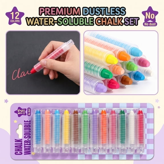 Dustless Chalk for Kids Outdoor Play, 12 Colors Washable Sidewalk Chalk Set with Box, Draw Freely on Paper, Erase Easily, Perfect for Toddlers Boys Girls Kids