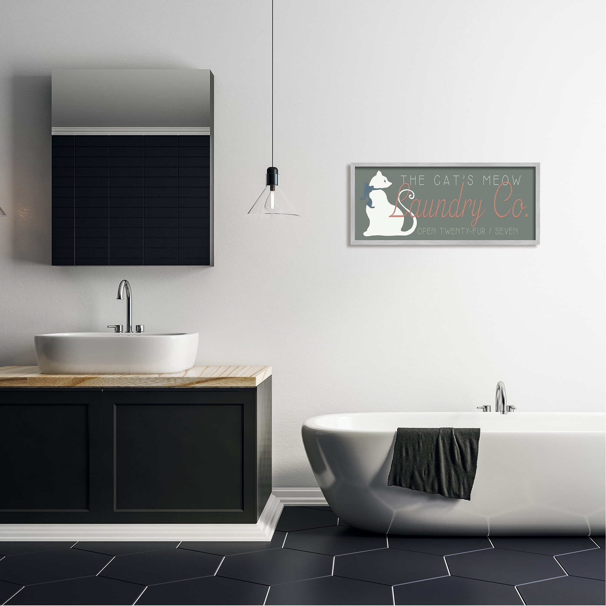 Stupell Industries Vintage Cat's Meow Laundry Novelty Painting Gray Framed Art Print Wall Art, 30 x 13