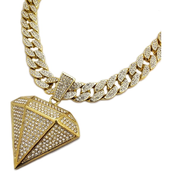 Hip Hop Iced Gold Plated Cubic Zirconia Diamond Shape Pendant & 15mm 18" Full Iced Cuban Choker Chain Necklace Set