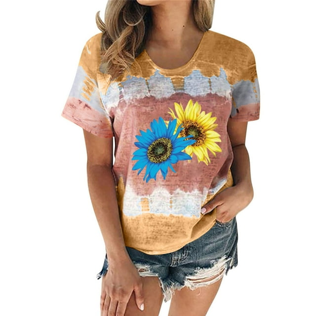 Hauts pour Femmes Décontractés Été Manches Courtes Tunique Ample T-Shirts Habillés Henley Col Rond Mode Imprimé Blouses Basiques
