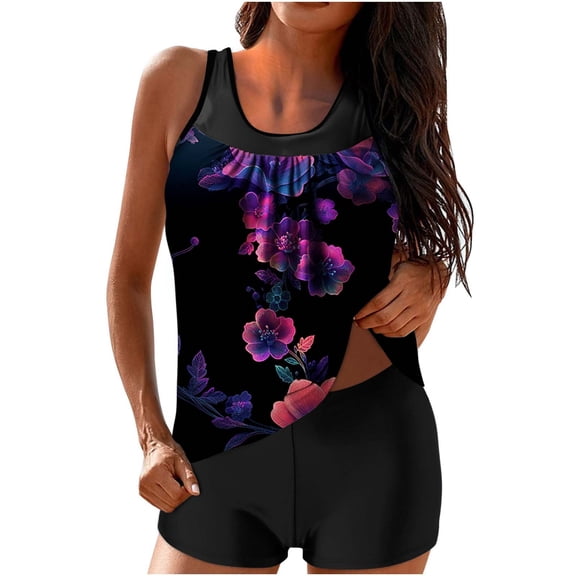 yardsong Women's Tummy Control Graphic Swim Tank Top Two Piece Tankini Swimsuits Modest with Boy Shorts Bathing Suits