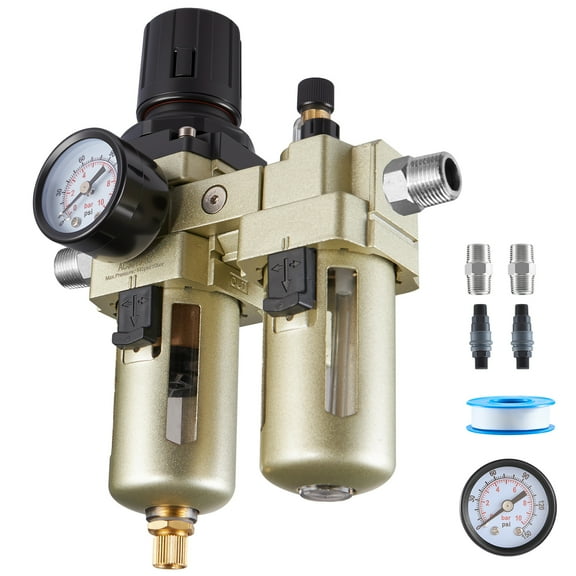 KFFKFF Air Compressor Filter Regulator Lubricator (FRL), 3/8" NPT Water Separator with Semi-Automatic Drain, 5μm Brass Filter, 145 PSI Max Pressure, Durable Polycarbonate Bowl