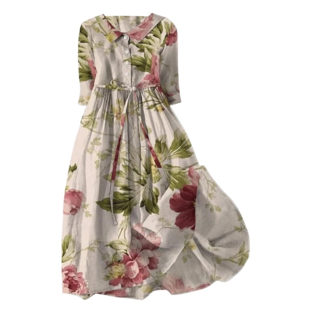 Pisexur Robe d'Automne pour Femme 2024 Mode Robe de Retour à la Maison à Imprimé Floral Manches Courtes Col Rabattu Robe Maxi Décontractée Fluide Tunique à Col en V Boutonnée avec Cordon Robe de Vacances Robe Grande Taille P-4TG