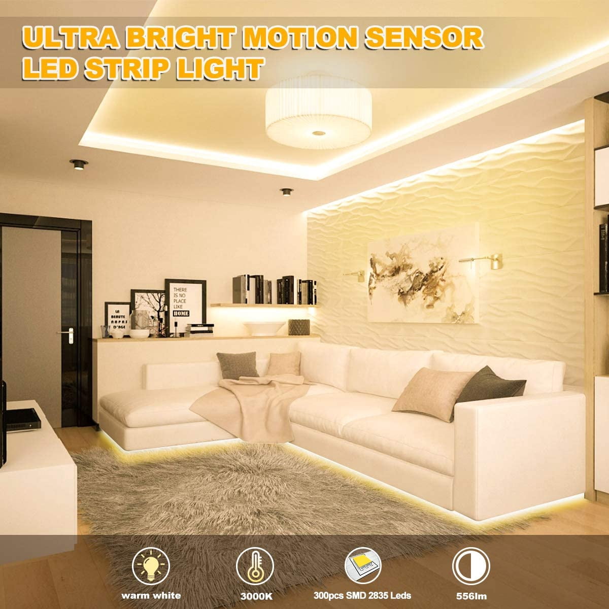 Yi Lighting 16.4ft Motion Activated Strip Lights Waterproof for Under Cabinet, Kitchen, Stair, Bed, Warm White