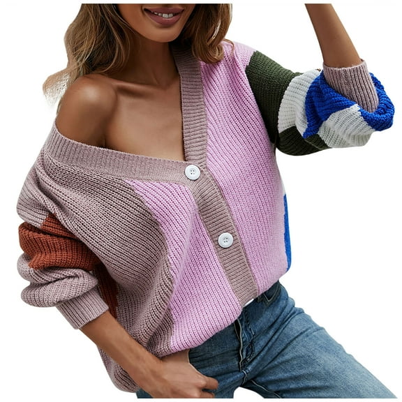 GuangCheng Women's Color Block Cardigan Sweaters V Neck Button Open Front Knit Outerwear Coats