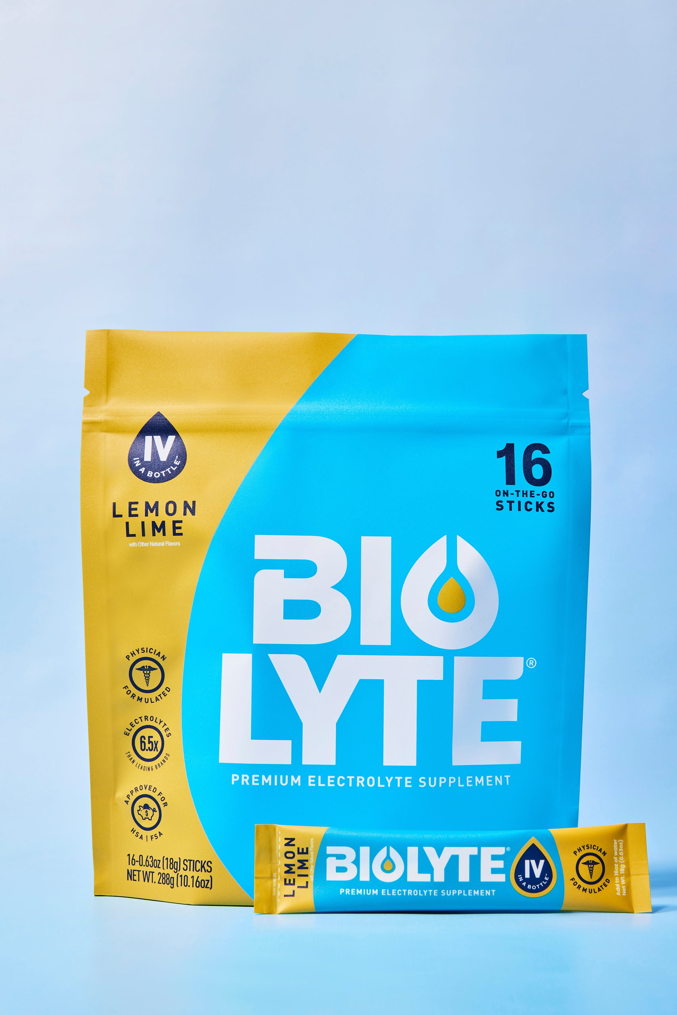 BIOLYTE Electrolyte Powder Packet Drink Mix for Rapid Hydration, Lemon Lime, 16 pack