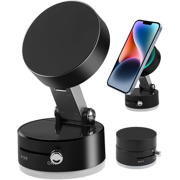 Vacuum Magnetic Phone Holder, Foldable and Retractable Hands-Free Car Mount with Metal Ring Compatible with iPhone 16 Pro Max 15 14 13 12 & Android (Black)