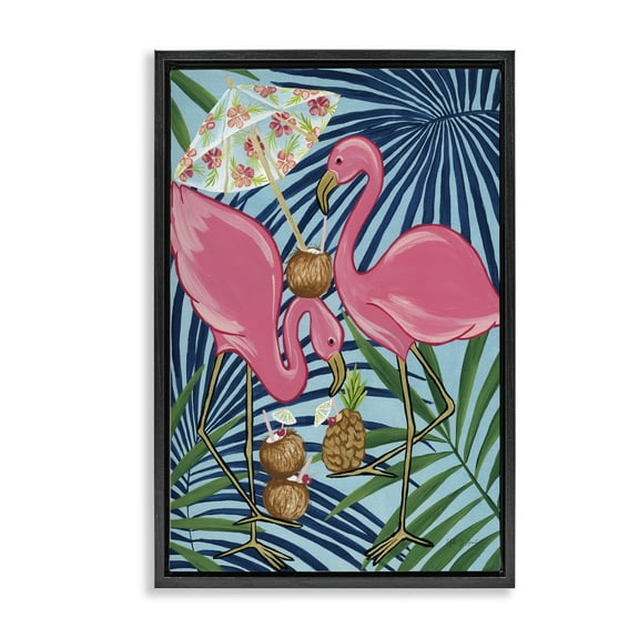 Stupell Industries Flamingo Happy Hour Animals Painting Black Floater Framed Canvas Art Print Wall Art, 17 x 25