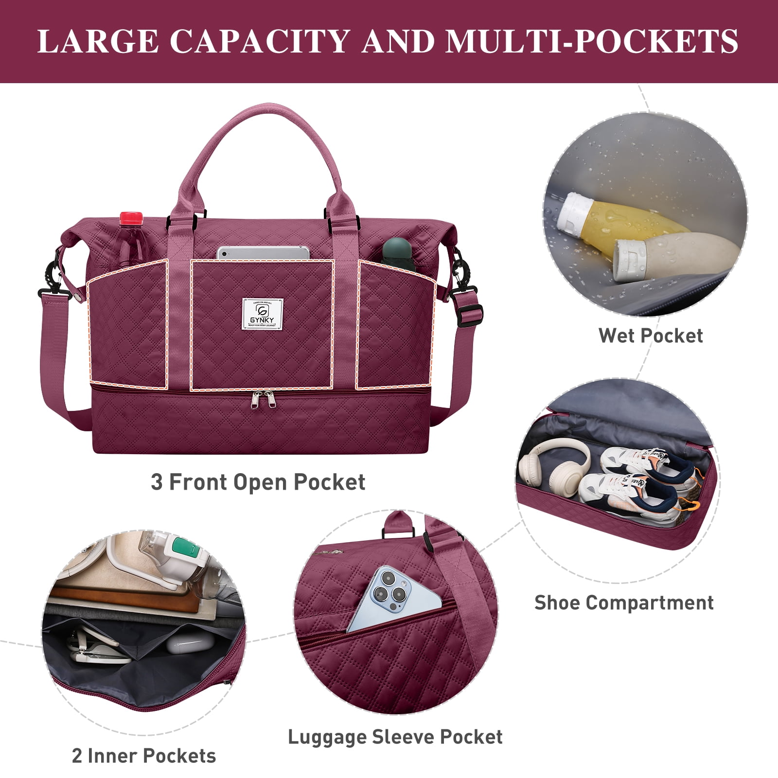 Gynky Travel Duffle Bag Weekender Bags for Women with Shoe Compartment Carry on Overnight Bag Gym Duffel Bag with Wet Pocket Hospital Bags for Labor and Delivery