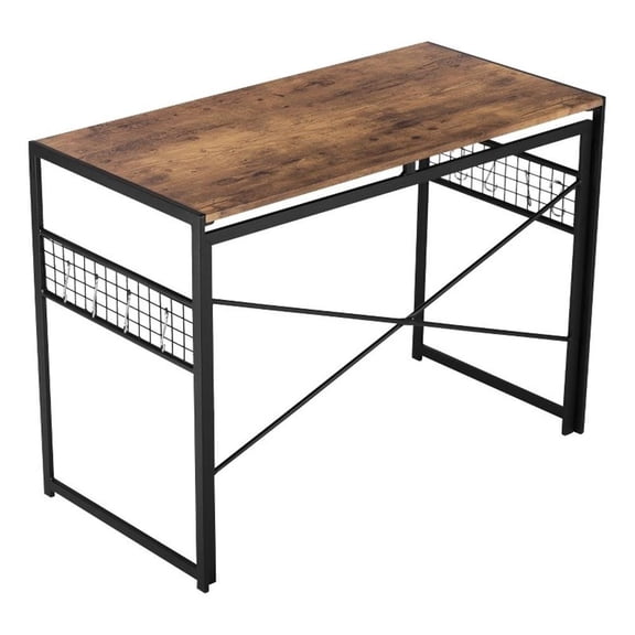 Pemberly Row Home Office Desk with Storage Hooks and Metal Frame Brown