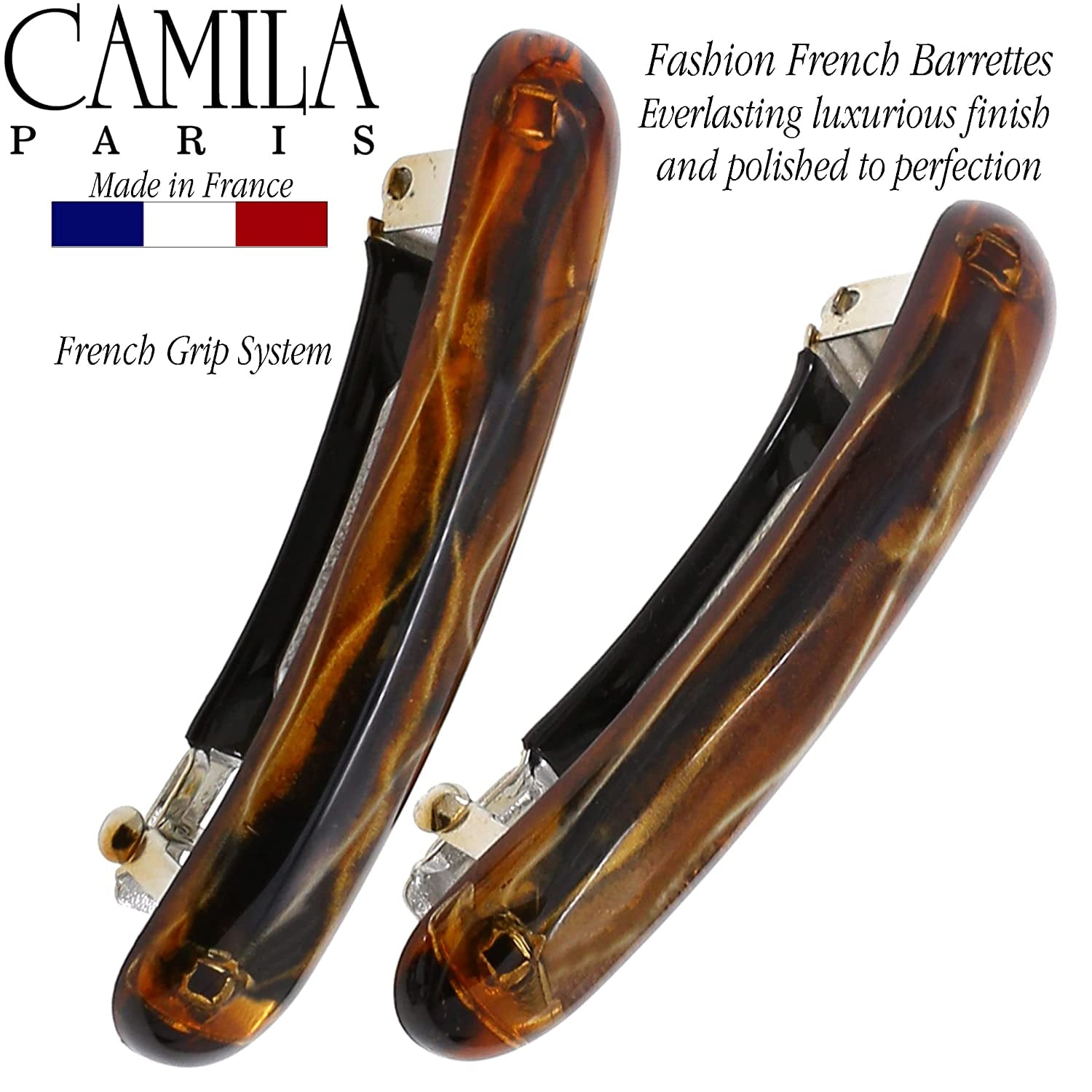 Camila Paris CP3328 French Hair Barrette Clip for Girls, Orange Small Set of 2 Strong Hold Grip Hair Clips for Women, No Slip Rubberized Automatic Clasp Styling Girls Hair Accessories, Made in France
