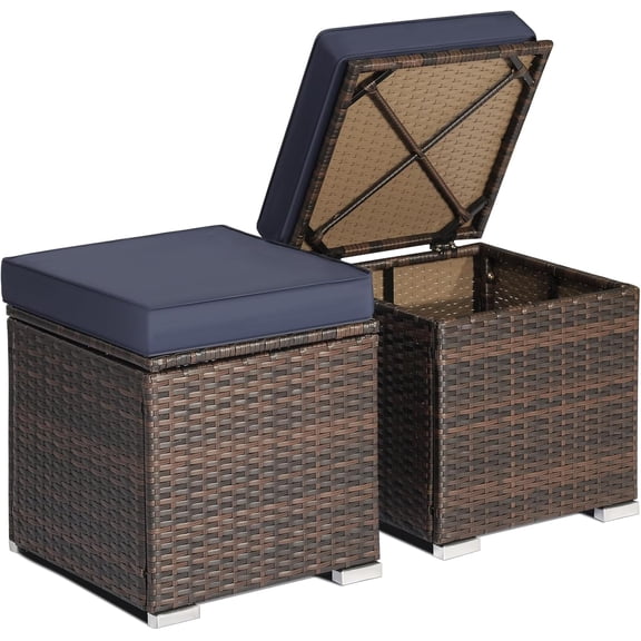 ZJTER Wicker Outdoor Storage Ottoman, 2-Piece Rattan Footstool w/Removable Cushion, Multipurpose Footrest Stool Side Table Additional Seating, Set of 2 Outdoor Ottomans for Patio Deck (Navy)