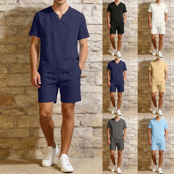 FRSASU Men's Two Piece Cotton Outfit Polo Style Shirt and Drawstring Shorts Set Casual Lightweight Summer Vacation Beachwear Set Yellow