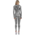 thumbnail image 2 of Zaldita Women Shiny Fishscale Print Long Sleeve Unitard with Hooded Front Zipper Full body Jumpsuit Silver S, 2 of 7
