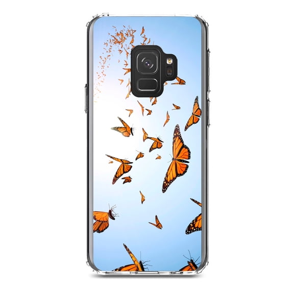 DistinctInk Clear Shockproof Hybrid Case for Samsung Galaxy S9 (5.8" Screen) - TPU Bumper, Acrylic Back, Tempered Glass Screen Protector - Flying Monarch Butterflies