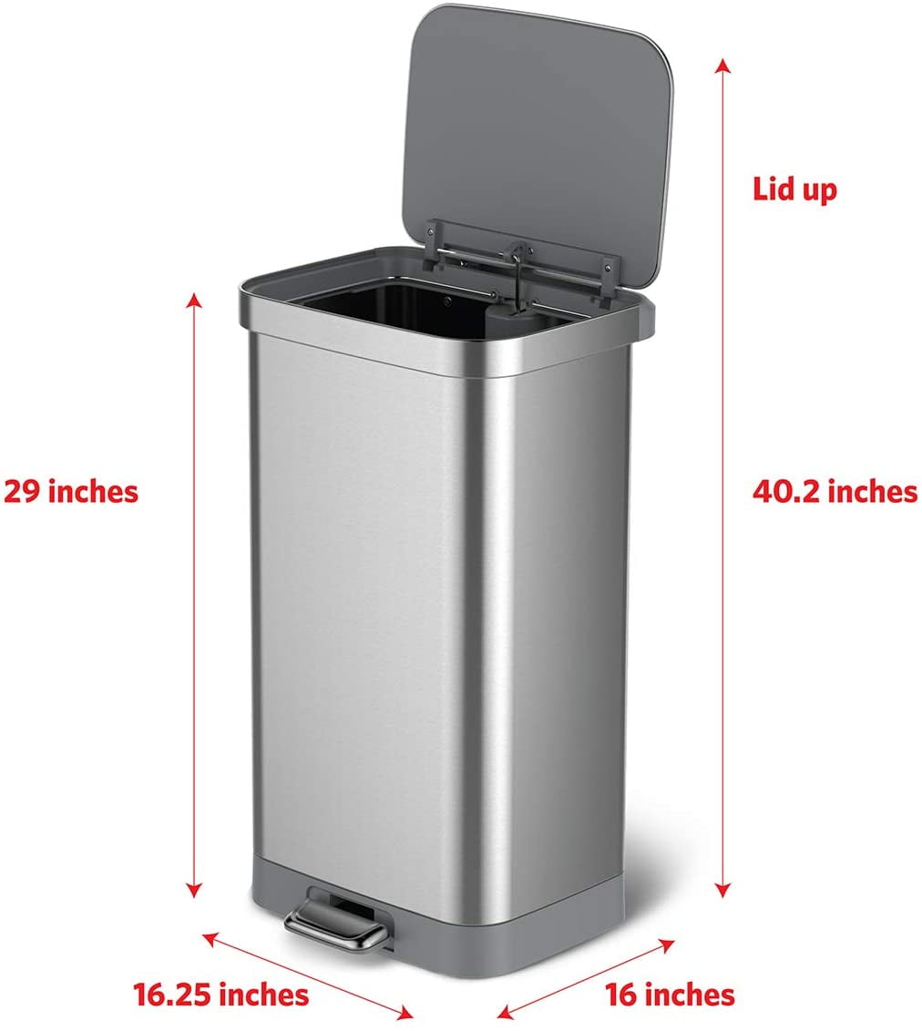 Glad GLD-74506 Stainless Steel Step Trash Can with Clorox Odor Protection, Large Metal Kitchen Garbage Bin with Soft Close Lid, Foot Pedal and Waste  Bag Roll Holder, 13 Gallon, Stainless