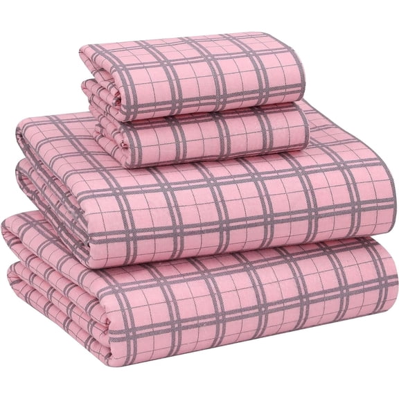 RUVANTI Flannel Sheets King Size - 100% Cotton Brushed King Size Sheets Set - Deep Pockets 16 Inches Bed Sheets - All Seasons Breathable & Extra Soft - Warm & Cozy, 4 Piece, Check & Bolt Pink