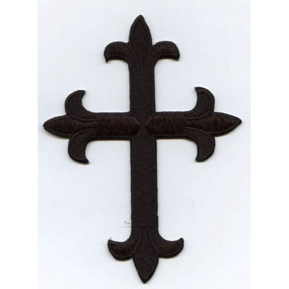 4" Black Cross - Fleur De Lis - Religious - Iron On Applique/Embroidered Patch