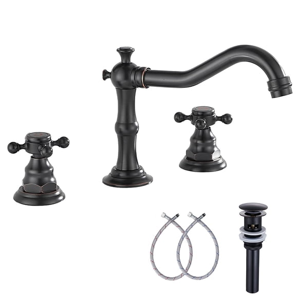 ggStudy Two Handles Three Holes Faucet 8-16 inch Widespread Bathroom Sink Faucet Oil Rubbed Bronze Basin Tap Mixer Supply Hose Included Matching Metal Pop Up Drain