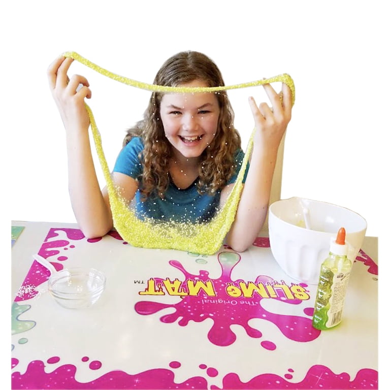 kids playing with slime on washable mat with cleaning supplies nearby