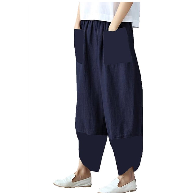 DPTALR Femmes Décontracté Droit Poches Imprimé Jambe Grand Pantalon Ample Patchwork Pantalon Long