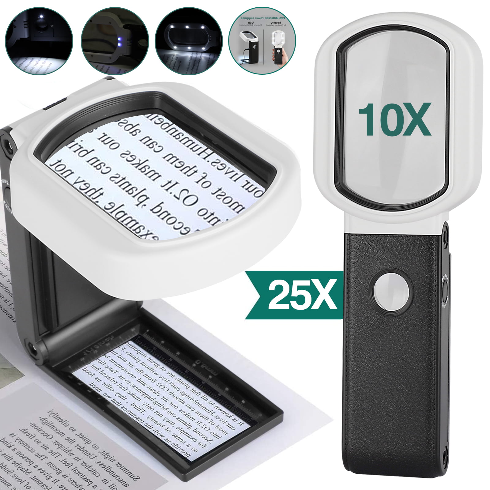 Jewellery Work Coin Examining & more Reading Magnifying Glass for Books Newspaper Magnifier Glass Handheld Magnifier with 6 x and 2 x Lens LED Rectangle Magnifying Glass with light by Kovira 