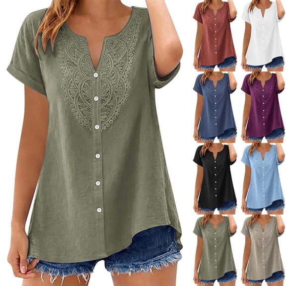 Summer Fall Shirts for Ladies Short Rolled Sleeve Tops Solid Color Cotton Linen Blouses V Neck Breathable Outfits Soft Regular-Fit Floral Print Tunic