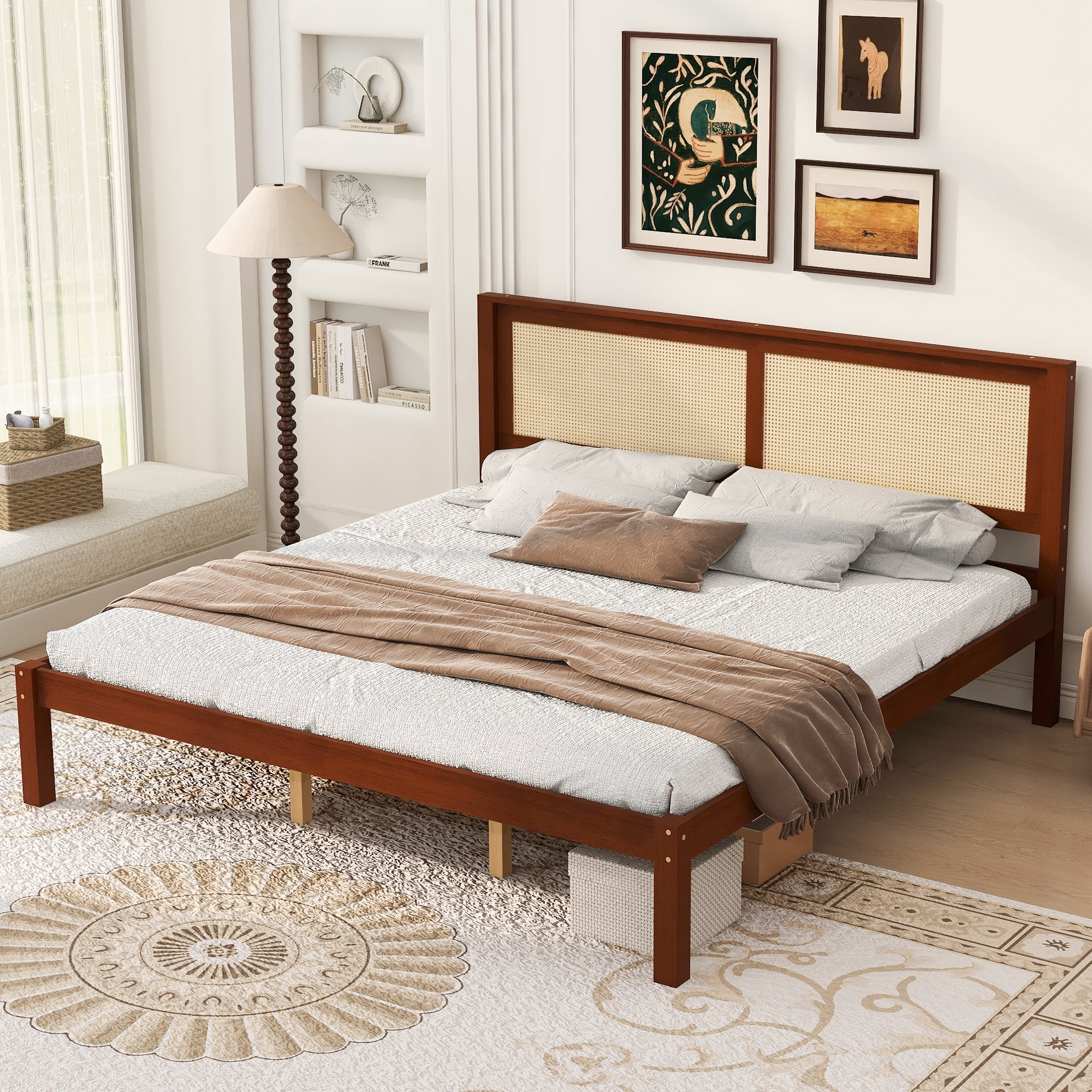 King Bed Frame with Rattan Headboard, Solid Wood Platform Bed and Farmhouse Boho Bed Frame with Under-Bed Storage for Bedroom, Walnut Finish
