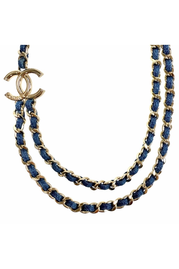 Pre-Owned CHANEL B25P ABF163 Coco Mark Double Chain Necklace, Blue with Gold Hardware, Made in...