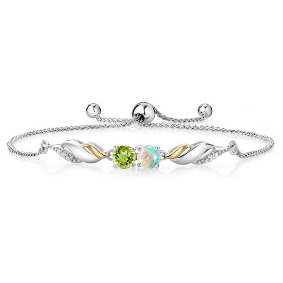 Gem Stone King 925 Silver and 10K Yellow Gold Round Cabochon White Simulated Opal Green Peridot and White Lab Grown Diamond Tennis Bracelet for Women (1.07 Cttw, Fully Adjustable up to 9 inch)
