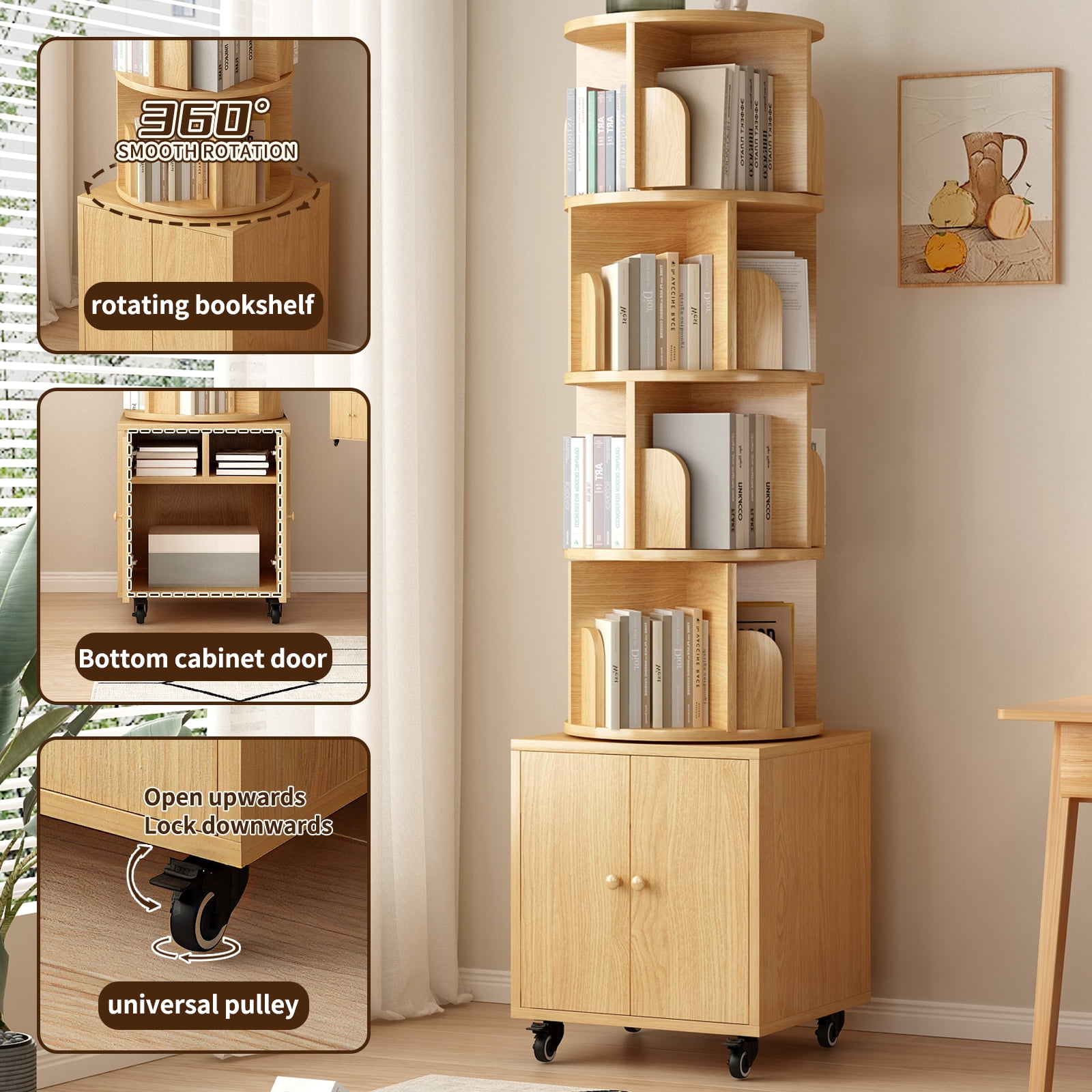 Rotating Bookshelf, 5 Tier Corner Bookcase with Storage Drawer and 360-Degree Rotation, Wood Construction for Home Decor, Natural Wood Finish