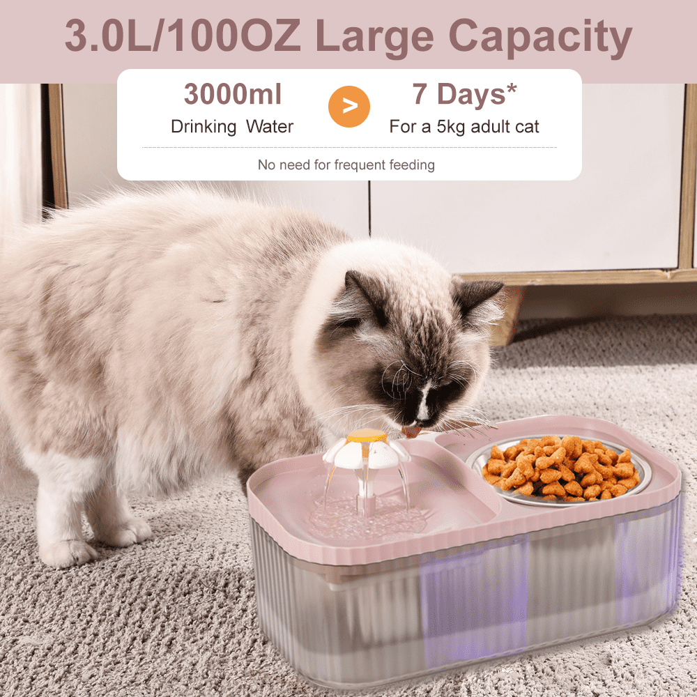 Marchul 3L Cat Water Fountain & Food Bowl,Automatic Pet Water Dispenser with Stainless Steel Cat Bowl Set, BPA-Free, 3 Replacement Filters, Pink