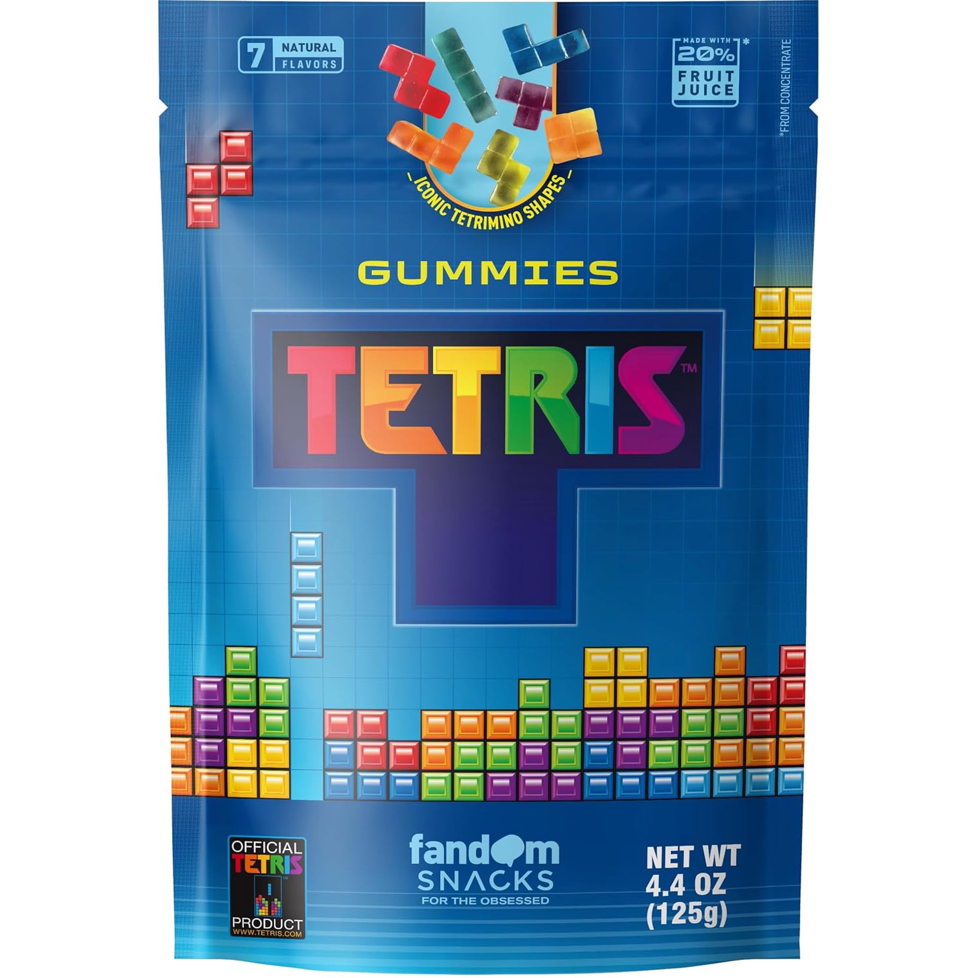 Fandom Snacks TETRIS Gummies, 4.4 oz – Officially Licensed TETRIS Candy, 7 Natural Flavors, Made with 20% Fruit Juice Concentrate, Tetrimino Shapes