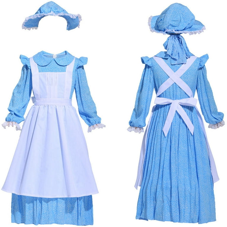 Girls Pioneer Costume Blue Long Sleeve Floral Dress with Apron Hat 