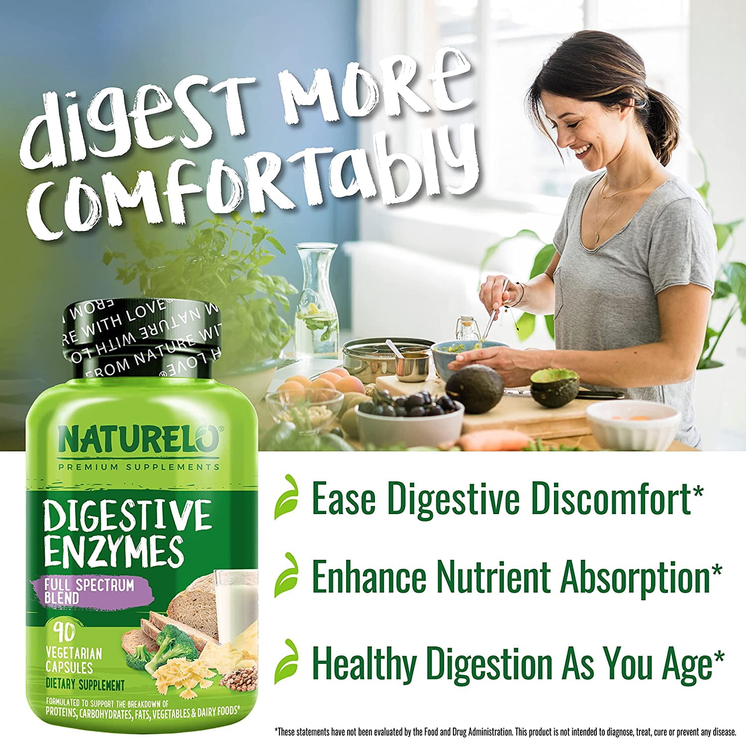 NATURELO Digestive Enzymes - Full Spectrum Support with a Broad Blend of 15 Enzymes Plus Ginger - 90 Vegan Capsules