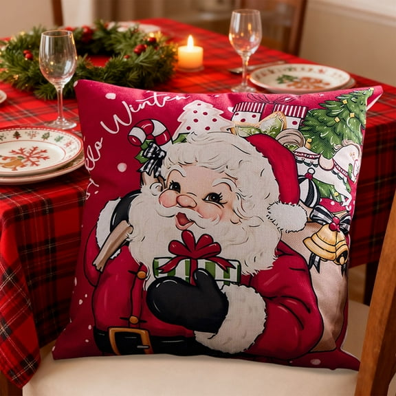 Merry Christmas Pillow Cover, Natural Burlap Christmas Sofa Living Room Holiday Decorate Cushion Case, Christmas Bell Snowman Santa Claus Pillowcase New Year Family Decoration