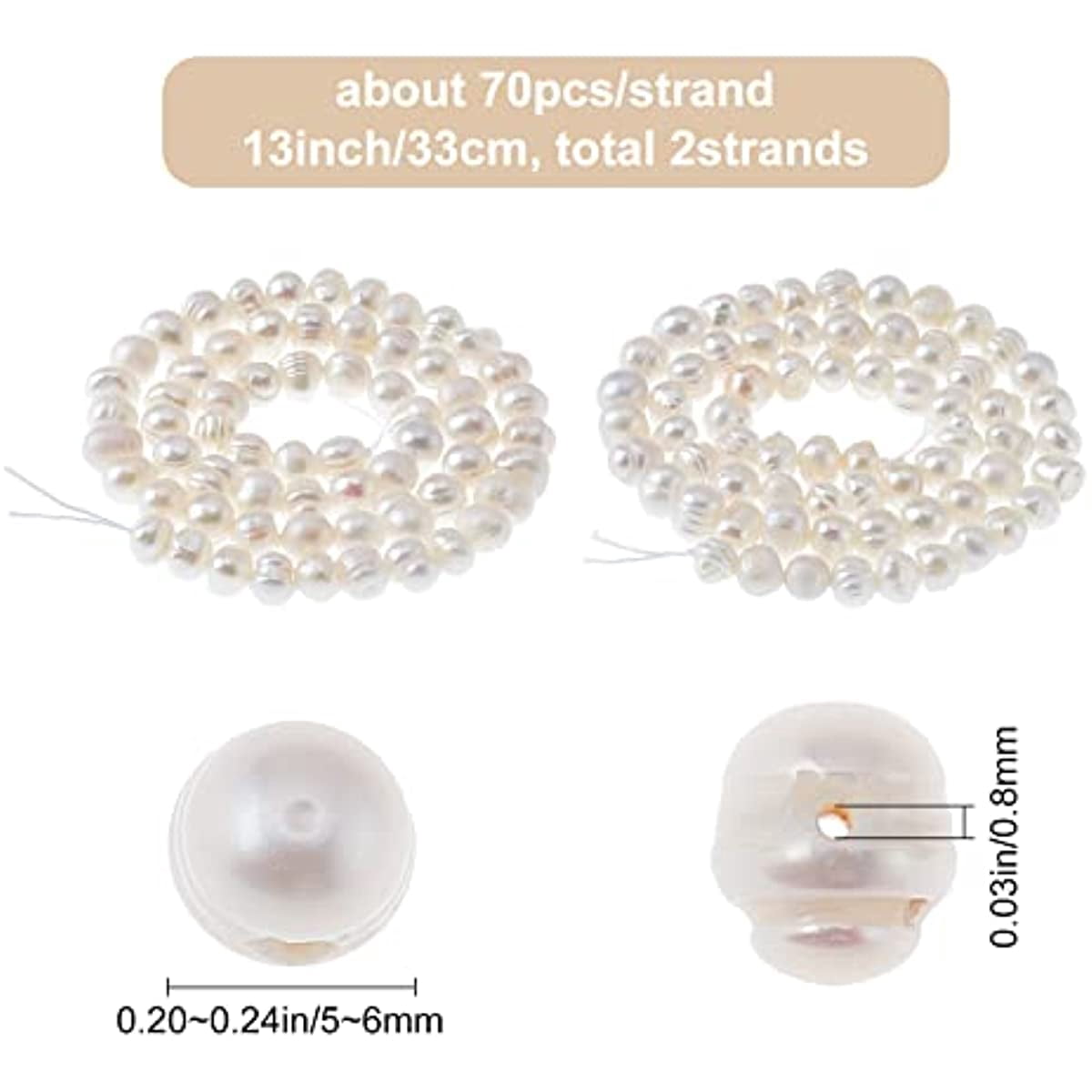 2Strands Freshwater Pearl Creamy White Natural Genuine Cultured Nearly Round Pearl Beads 5-6mm for DIY Crafts Jewelry Making