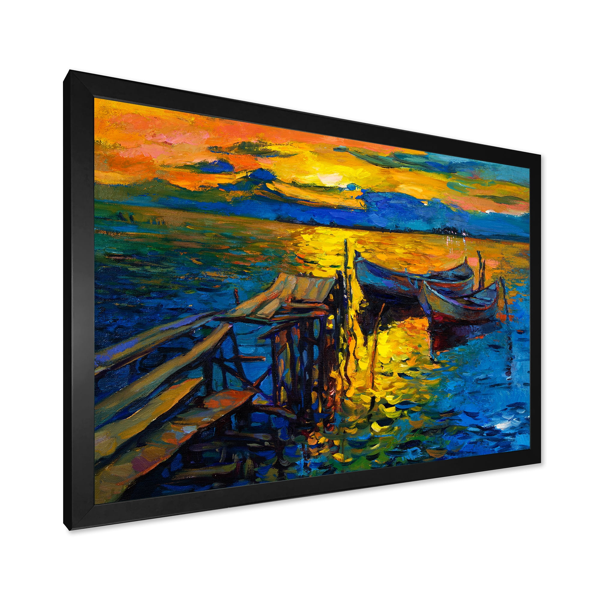 Boat At The Lake During Evening Glow II 40 in x 30 in Framed Painting Canvas Art Print, by Designart