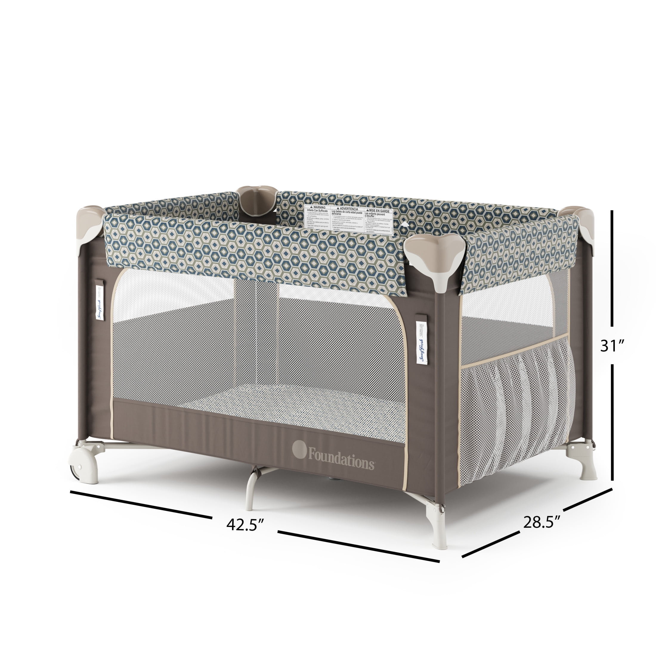 Foundations SnugFresh Elite Baby Play Yard with Wheels 3 Pack for Hotels, Sahara