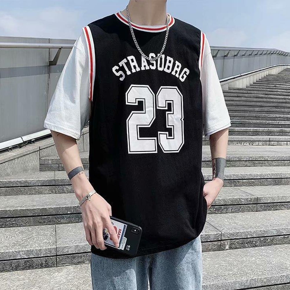 Mens Summer Fake Two-Piece Basketball Short Sleeve T-Shirt